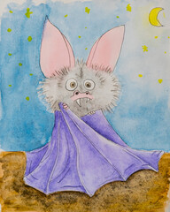 Watercolor halloween cute bat illustration. Animal baby print. Funny cartoon character for fall spooky holiday decoration, invitation, card
