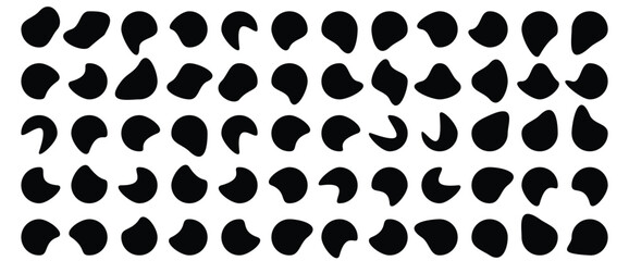 Organic blob shape with irregular form abstract vector illustration. Random oval pebble, asymmetric stone, round amoeba blot. Set of simple graphic geometric stained. Black bubble blotch background - obrazy, fototapety, plakaty