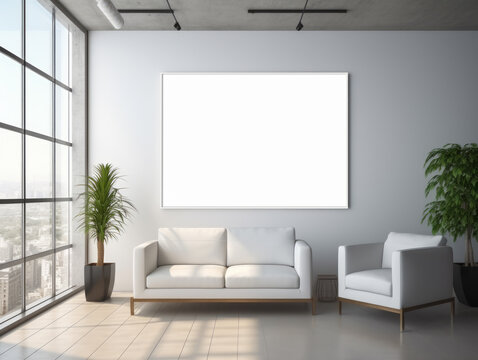 Modern office interior with a blank white canvas frame on the wall, furniture, and decorative plants. Ai generative