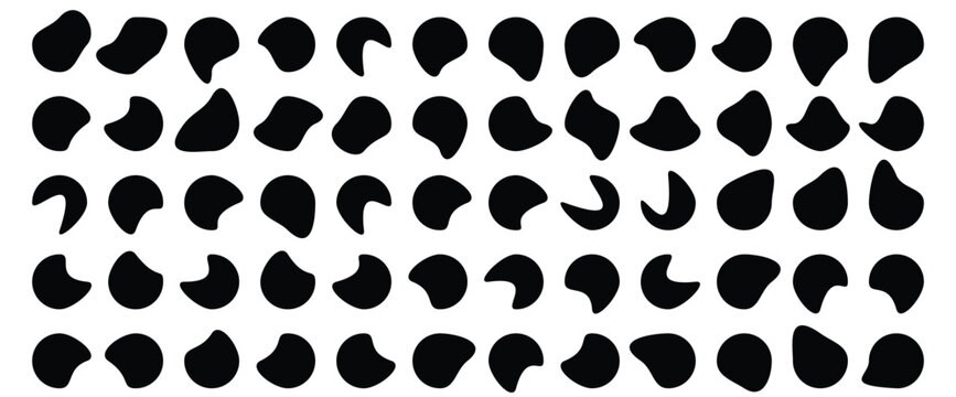 Organic blob shape with irregular form abstract vector illustration. Random oval pebble, asymmetric stone, round amoeba blot. Set of simple graphic geometric stained. Black bubble blotch background