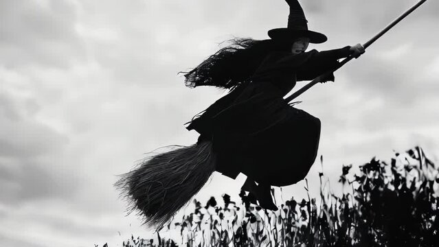 A witch in black silhouette riding a broom, flying through a cloudy sky. The image is mystical yet powerful.
