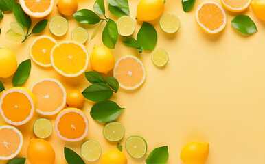 citrus background, oranges and lemon with leaves on yellow wallpaper