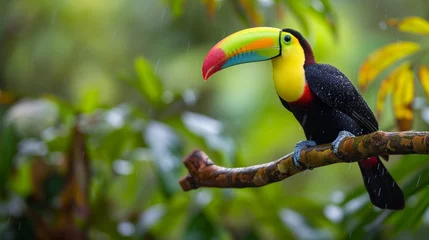 Photo sur Aluminium Toucan Within the rich biodiversity of a tropical reserve in Costa Rica, a keel-billed toucan perches gracefully on a vibrant branch. 