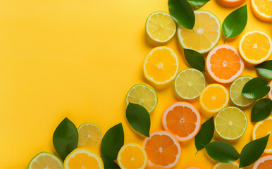 citrus background, oranges and lemon with leaves on yellow wallpaper