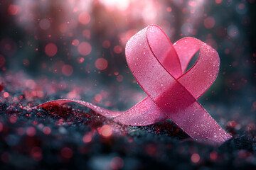 Realistic pink ribbon, breast cancer awareness symbol with luxury background, Ai generated concept  image - obrazy, fototapety, plakaty
