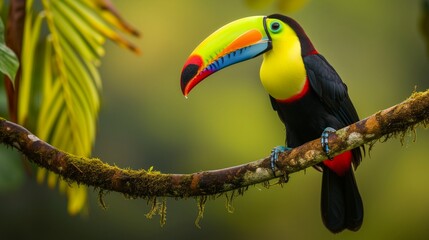 Fototapeta premium Within the rich biodiversity of a tropical reserve in Costa Rica, a keel-billed toucan perches gracefully on a vibrant branch. 