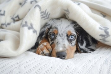 blue merle dachshund puppy looking at camera and licking his paw lying on a white pillow under a blanket