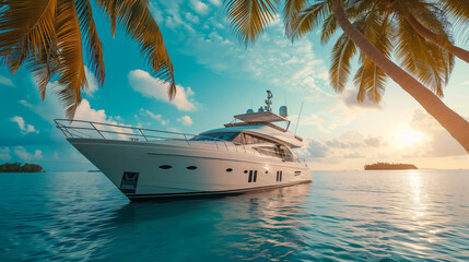A large white yacht anchored near a tropical beach with palm trees, clear blue skies, and calm...