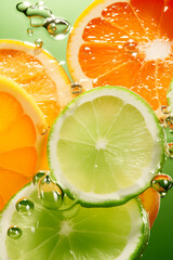  slices of orange and lime in the water splash close up view