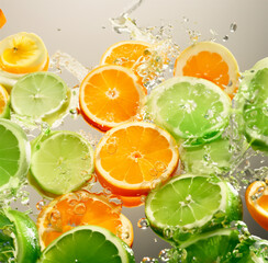  slices of orange and lime in the water splash 