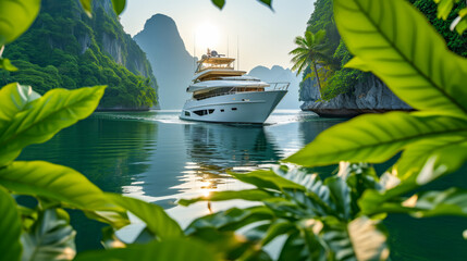 A luxurious yacht anchored in calm, blue ocean waters surrounded by lush greenery and rocky landforms, bathed in the warm glow of the sun. Ai generative - obrazy, fototapety, plakaty