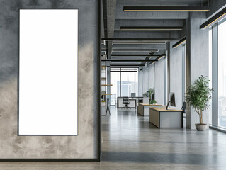 A modern office interior with a large framed poster on a concrete wall, sleek desks, and green potted plants. Ai generative