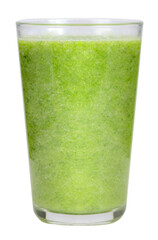 Raw food, green smoothie in tall glass isolated clipping path on white.