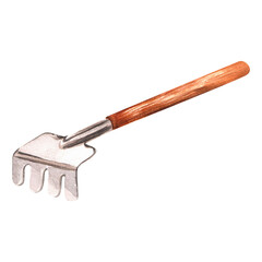 Hand-drawn watercolor illustration. Garden rake with wooden handle