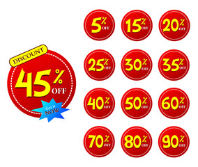 Red sale price tag discount collection. Discount 5% offer price, discount 15%, 20%, 25%, 30%, 35%,40%, 45%, 50%, 60%, 70%, 80%, and 90% offer price.