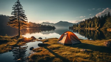 Fotobehang Camping tent in a camping on the river bank © alexkich