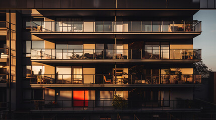 Modern apartment buildings in the evening. Facade of a modern apartment building