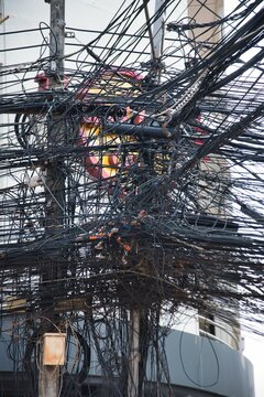 Asien Street Cabel, Cabeling Vientiane, Laos, Eletricity in the city. Street, power, chaos