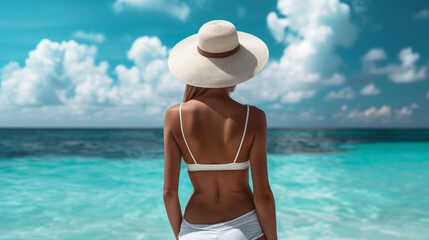 Horizon Harmony Woman's Back with Hat, Absorbing Beach Ambiance