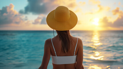Waves and Whimsy Woman with Hat, Back Turned, Facing the Ocean