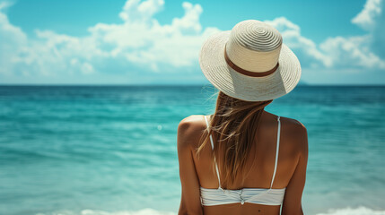 Sunny Shoreline Back View of Woman in Hat Enjoying Coastal Scenery