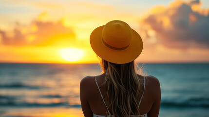 Seaside Chic Woman's Back View with Hat, Beach Elegance Unveiled