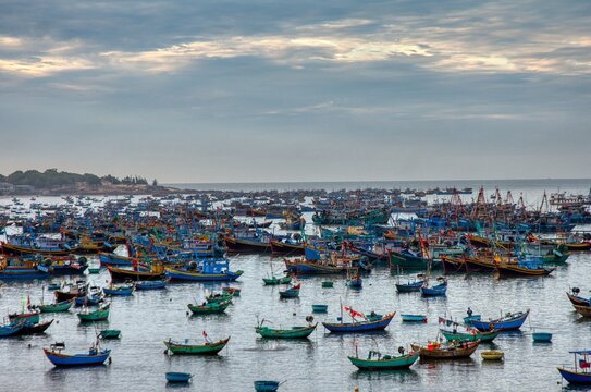 Fishing village in Mui Ne, Vietnam, Southeast Asia, Fisherboats and lokal market, early morning