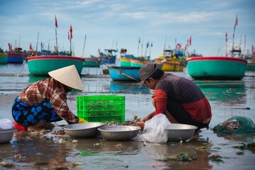 Mui Ne fish market in the morning, Vietnam. a coastal fishing village to buy and sell seafood. Local vendor is collecting fishes. © SimonMichael