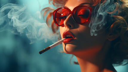Fototapeta premium Close-up portrait of a beautiful woman in red sunglasses with cigarette.