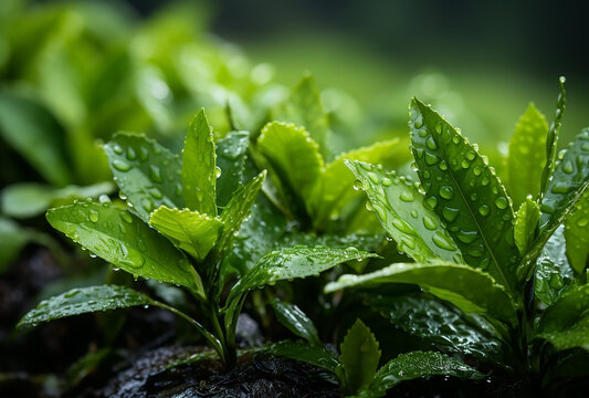 A beautiful macro closeup image of small green natural grass plant bud with water drops on its leaves 