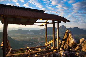 Hut at Mountain viewpoint in Vang Vieng, Laos. Beautiful Nature during Sunrise time, Hike, Nature,...