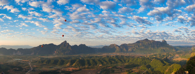 Panorama Picture in Vang Vieng Laos, Big Pha Ngern View Point Top, amazing view with air balloons...