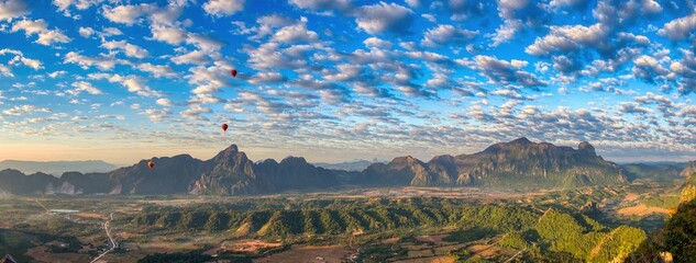 Panorama Picture in Vang Vieng Laos, Big Pha Ngern View Point Top, amazing view with air balloons...