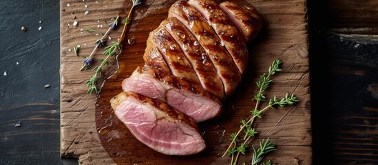 Serving duck breast on a chopping board with lavender honey and thyme.