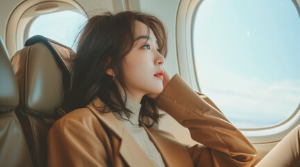 Fototapeta premium Asian young woman traveler sitting near windows and looking out the window on airplane during flight. Alone travelling concept