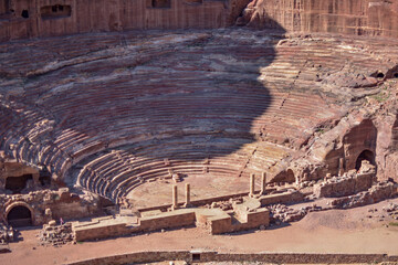 Ancient stone theater of the city of Petra, Wadi Musa, Jordan.