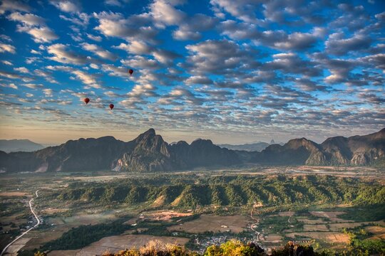 Vang Vieng Laos, Big Pha Ngern View Point Top, amazing view with air balloons in the air. HDR picture, simple beautiful