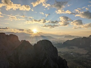 Fototapeta na wymiar Sunrise at View Point in Vang Vieng, Laos at Pha Ngern View Point. Sunning view early morning view until Nam Ngum Asia Holiday time