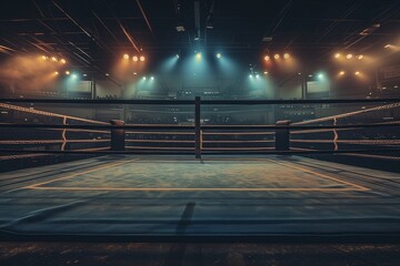 Empty boxing ring under spotlights with empty auditorium seats around it concept - obrazy, fototapety, plakaty