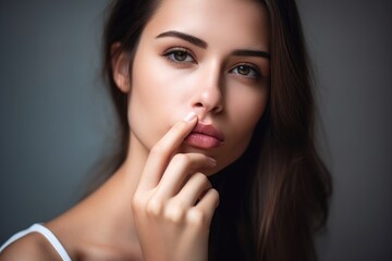 cropped portrait of a woman lifting her finger to her lips - obrazy, fototapety, plakaty