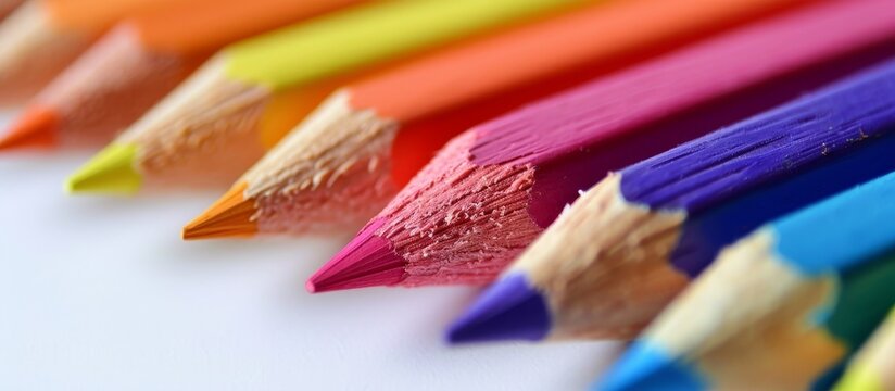 A macro photography showing office supplies, writing instrument accessories - a row of colorful colored pencils including magenta, electric blue, and petal, placed on a white surface.
