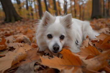Fototapeta na wymiar American Eskimo Dog is laying on the surface of some leaves