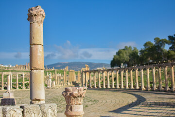Stone columns in the main square of the archaeological city of Jerash, Jerash archaeological site, Jordan.