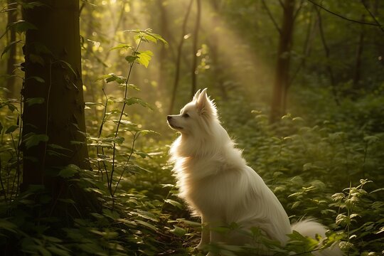 Cute American Eskimo Dog standing in fall forest