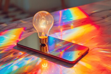 Illuminated Light Bulb on Smartphone in Sunny Ambience. An illuminated light bulb placed on a smartphone captures the warm glow of sunlight, creating an atmosphere of energy and warmth.

