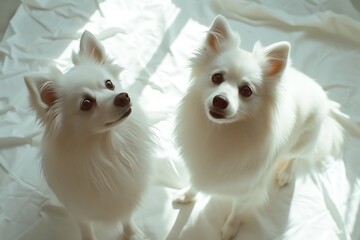 Two American Eskimo Dogs standing on white paper