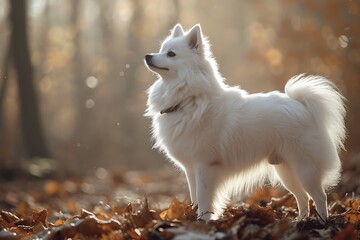 Fototapeta premium American Eskimo Dog playing on a yard on a sunny day, in the style of landscape-focused
