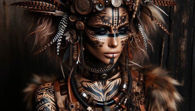 Fashion woman wearing Native American tribal feathers 
