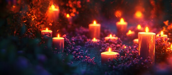 In the dark forest, a mesmerizing event takes place as a multitude of candles with magenta flames illuminate the interior design with their warm glow.