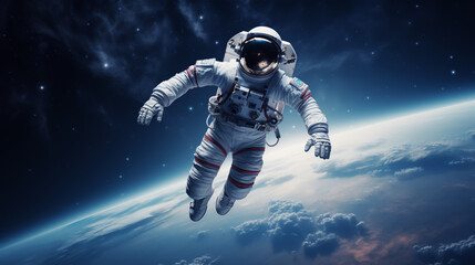 Fototapeta premium Astronaut in space costume in outer space. Spacewalk